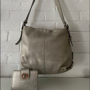 COACH-Silver Metallic Pebbled Leather Hobo Bag